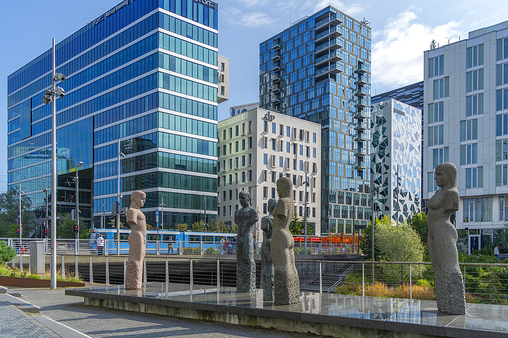 View of the Barcode buildings and Fellesskap sculptures on a sunny day, Oslo, Norway, Scandinavia, Europe