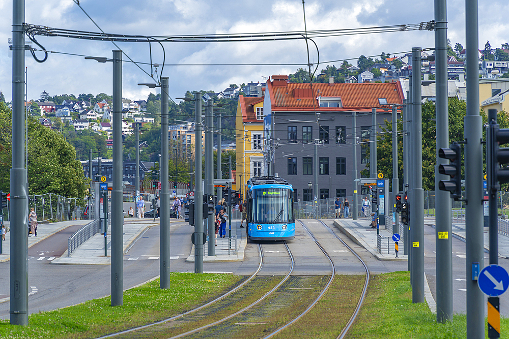 View of city tram on a sunny day, Old Town, Oslo, Norway, Scandinavia, Europe