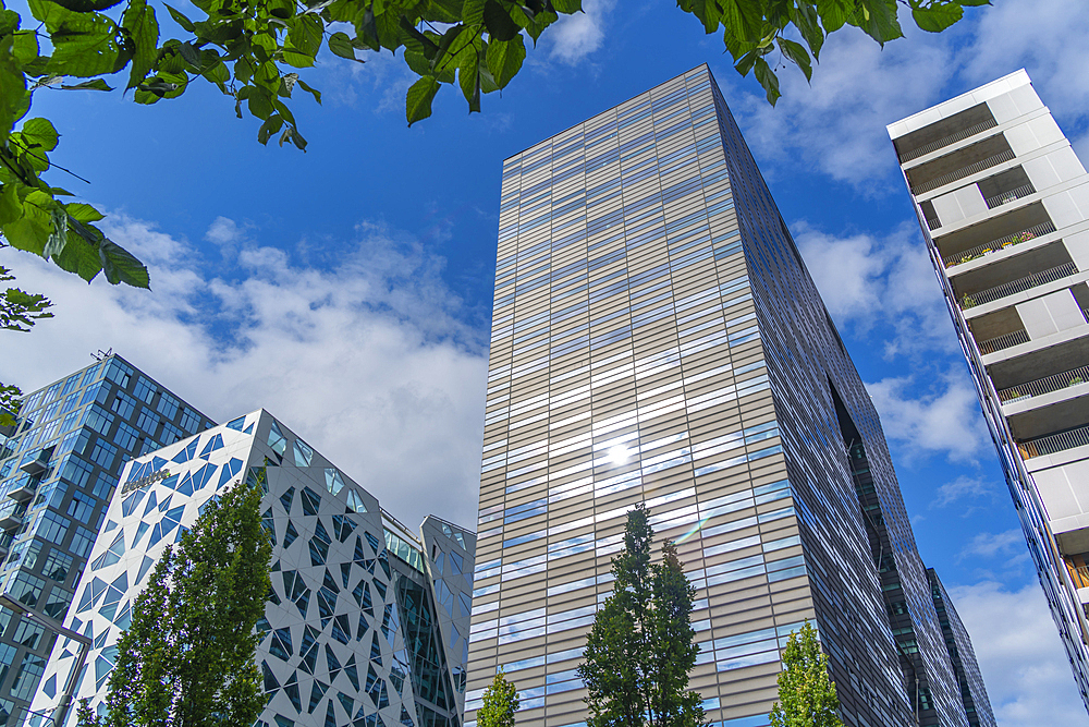 View of contemporary architecture in the Barcode area on a sunny day, Oslo, Norway, Scandinavia, Europe