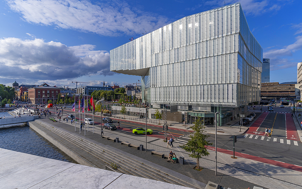 View of Oslo Public Library from Opera House roof on a sunny day, Oslo, Norway, Scandinavia, Europe