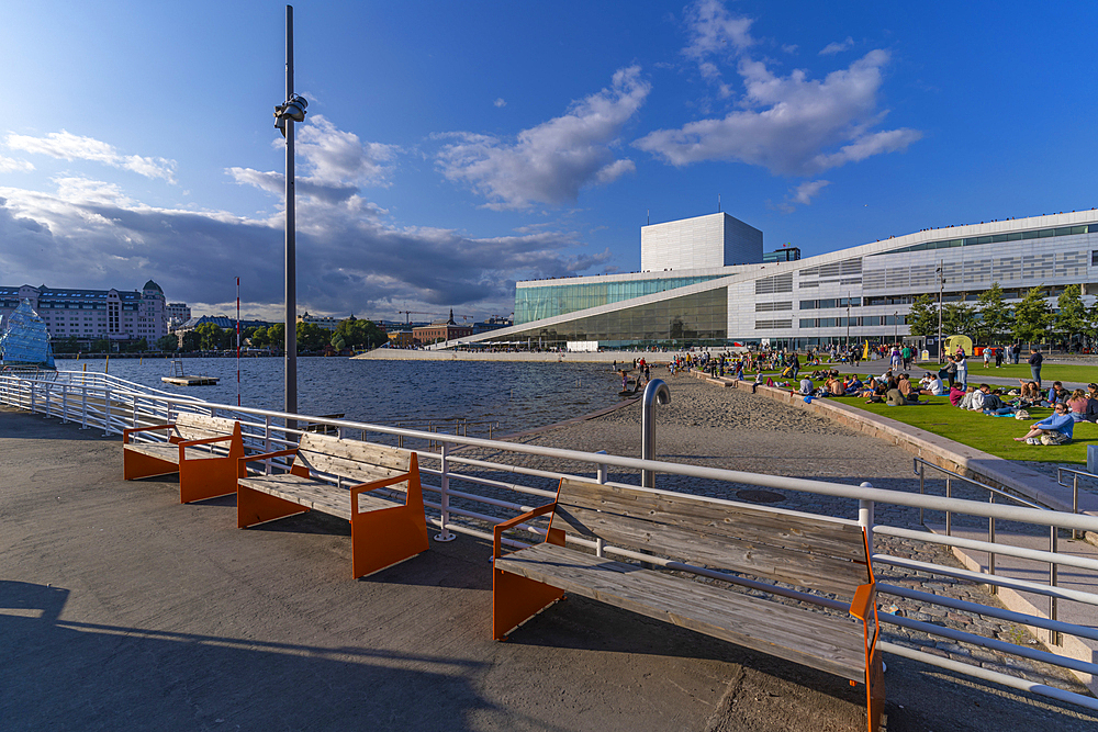 View of Opera Beach and Opera House on a sunny day, Oslo, Norway, Scandinavia, Europe