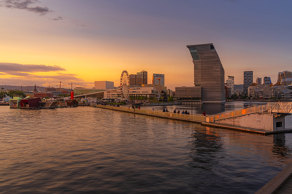 View of the Munch Museum and city skyline at sunset, Oslo, Norway, Scandinavia, Europe