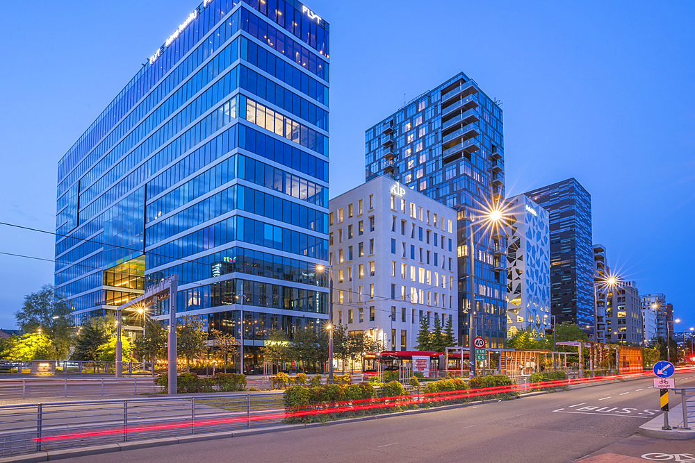 View of contemporary architecture in the Barcode area at dusk, Oslo, Norway, Scandinavia, Europe