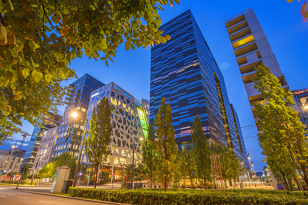 View of contemporary architecture in the Barcode area at dusk, Oslo, Norway, Scandinavia, Europe