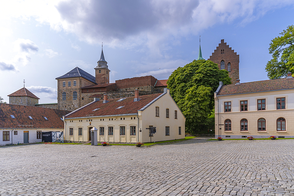 View of the Akershus Fortress from inside the walls on a sunny day, Oslo, Norway, Scandinavia, Europe