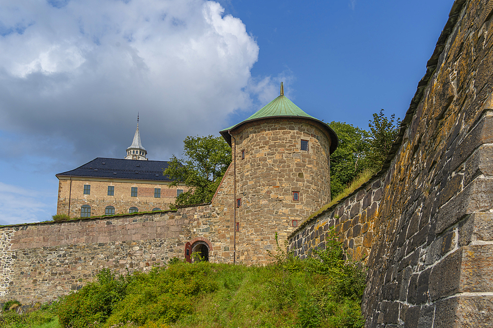 View of the Akershus Fortress, from outside of the walls on a sunny day, Oslo, Norway, Scandinavia, Europe