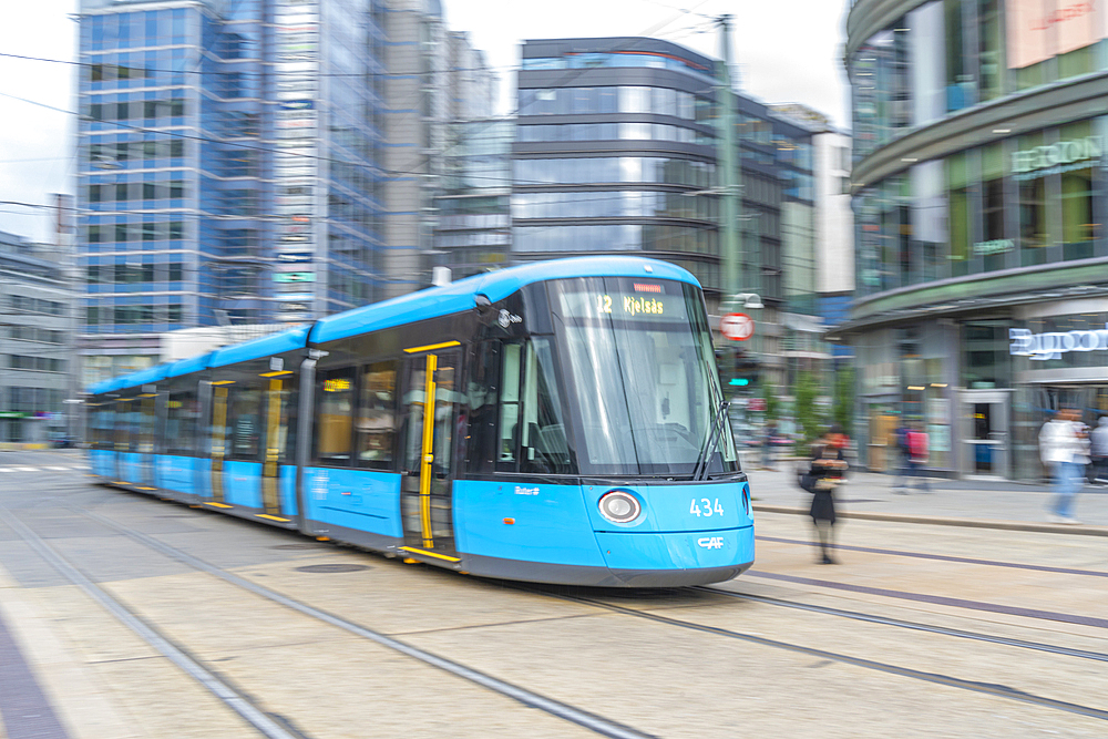 View of moving city tram in Jernbanetorget, Oslo, Norway, Scandinavia, Europe