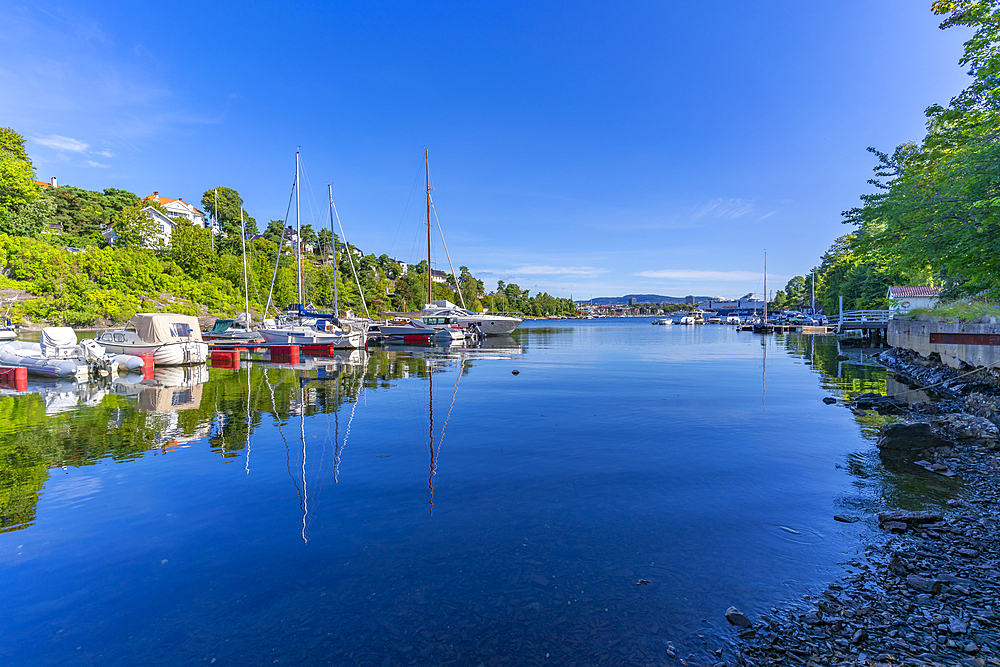 View of boats moored up at Langviksbukta, Bygdoynesveien, Oslo, Norway, Scandinavia, Europe