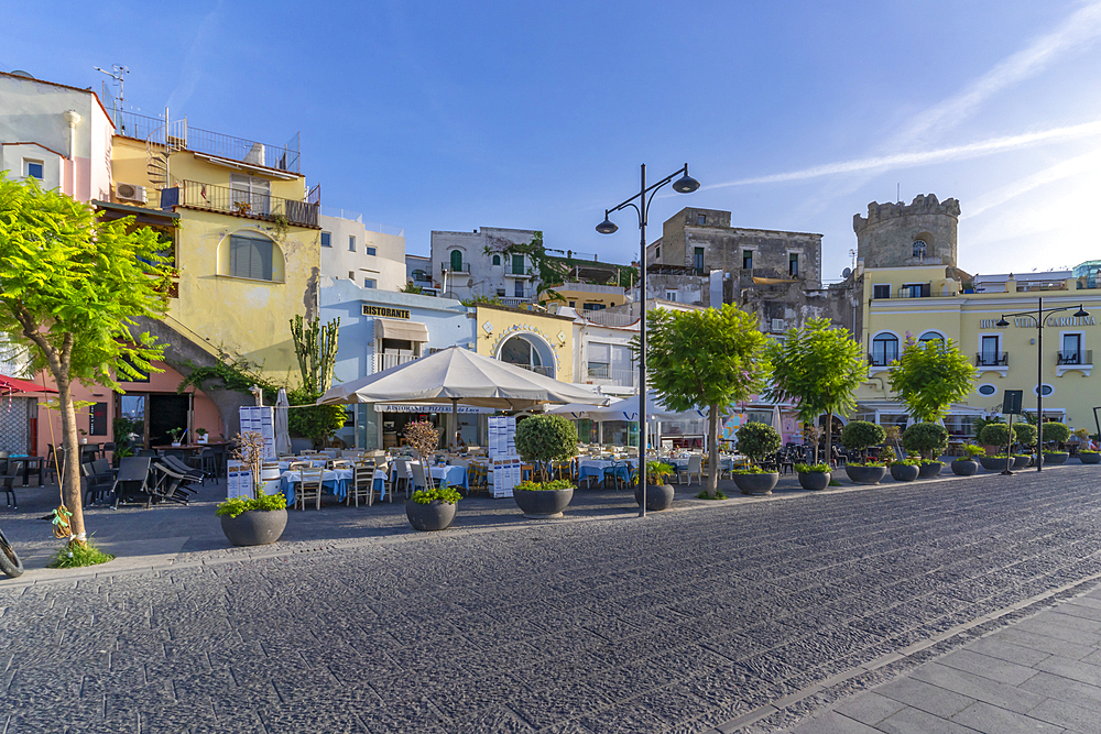 View of cafes and bars on Via Marina, Forio, Island of Ischia, Campania, Italy, Europe