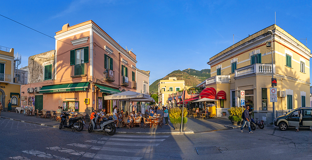 View of colourful shops and bars at Via San Francisco, Forio, Island of Ischia, Campania, Italy, Europe