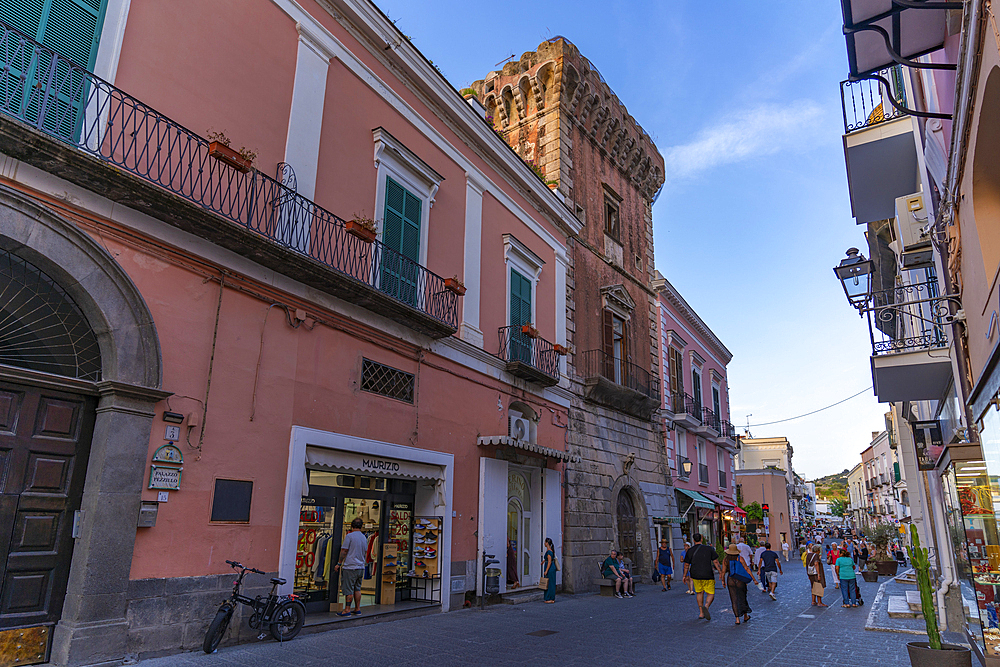 View of shops and architecture in town centre, Forio, Island of Ischia, Campania, Italy, Europe