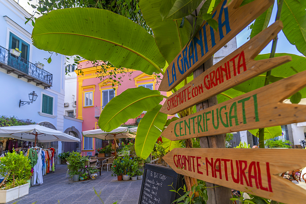 View of colourful shops and bars on Via San Francisco, Forio, Island of Ischia, Campania, Italy, Europe