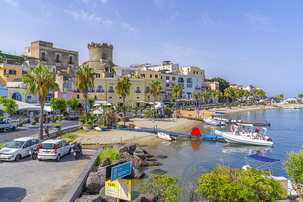 View of cafes and bars at the marina and Torrione Castle Museum, Forio, Island of Ischia, Campania, Italy, Europe