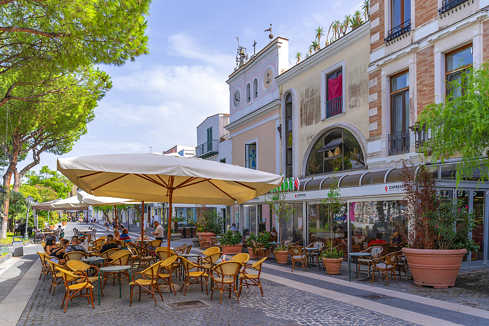 View of cafes and restaurants in Piazza Marina in Casamicciola Terme, Island of Ischia, Campania, Italy, Europe