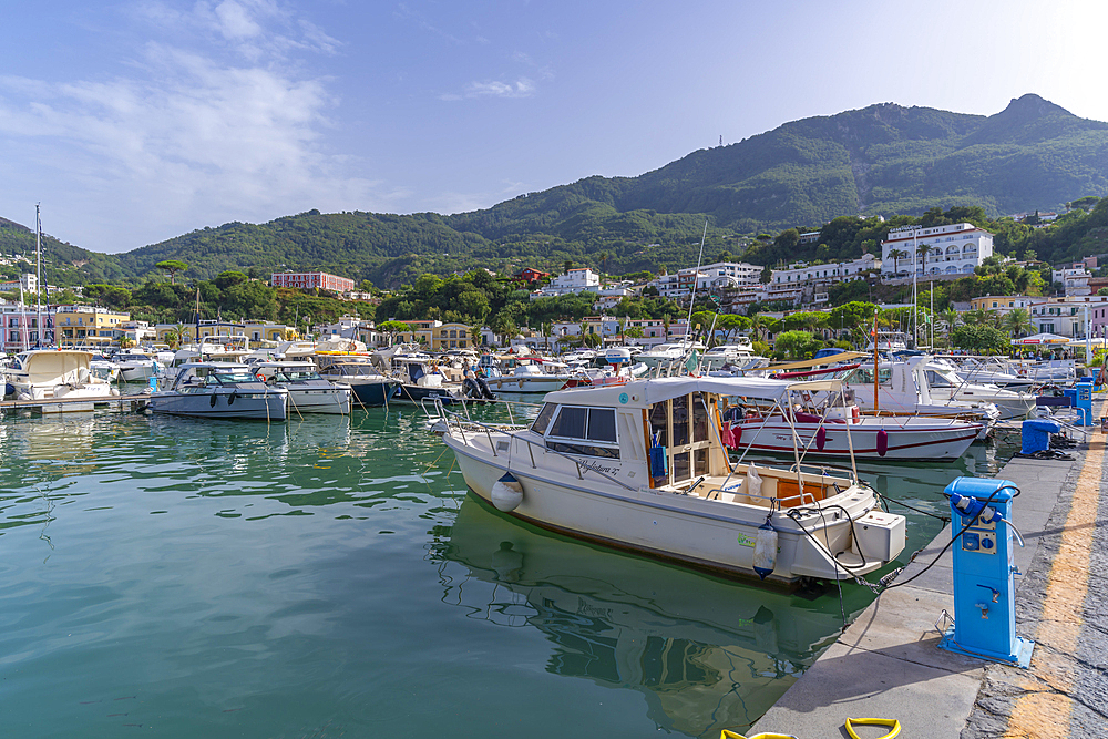 View of marina boats and town in Casamicciola Terme, Island of Ischia, Campania, Italy, Europe