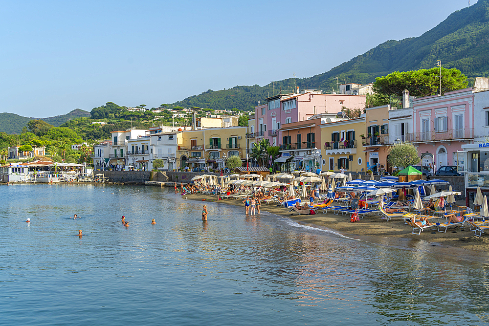 View of beach and town of Lacco Ameno, Island of Ischia, Campania, Italy, Europe