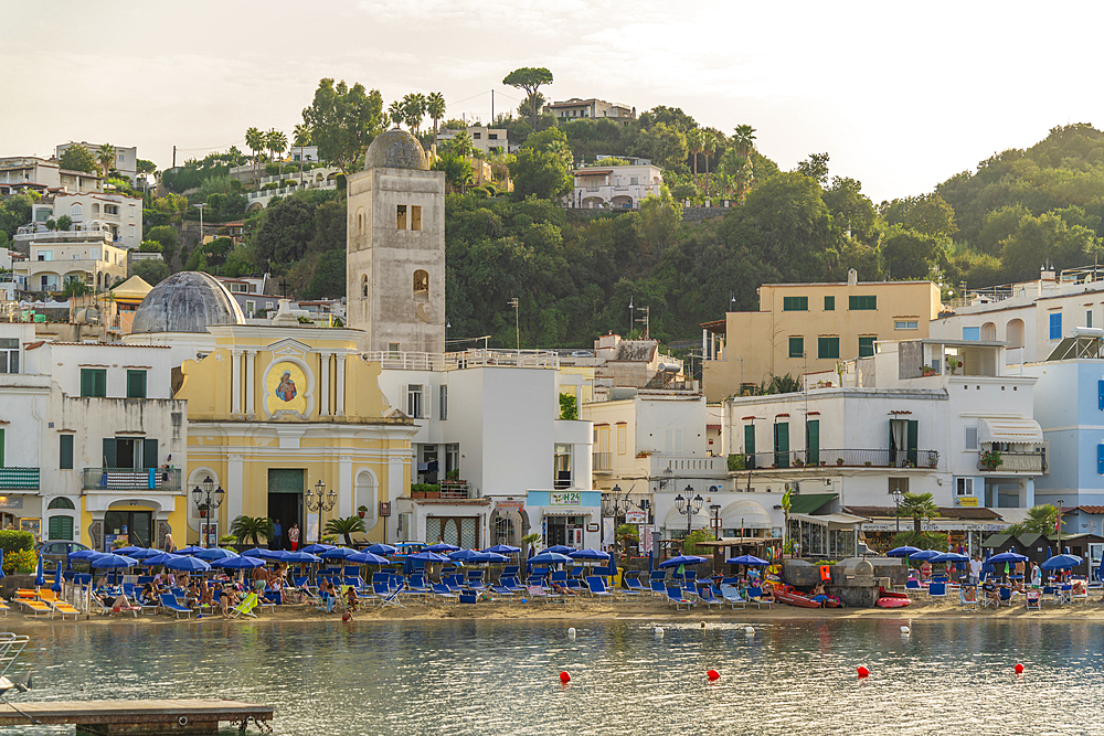 View of beach and town of Lacco Ameno, Island of Ischia, Campania, Italy, Europe