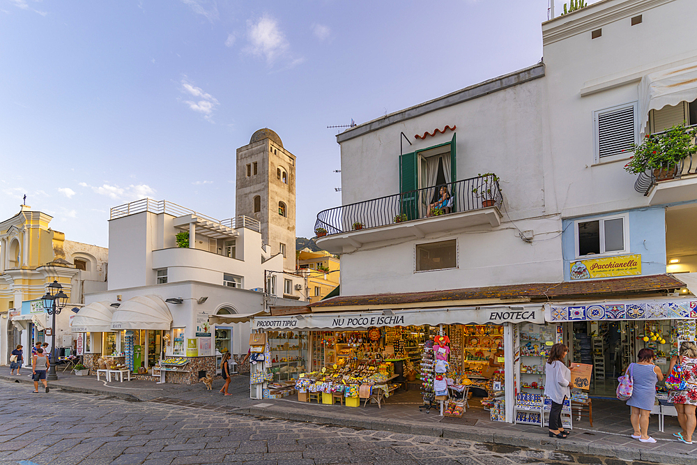 View of shops in the town of Lacco Ameno, Island of Ischia, Campania, Italy, Europe