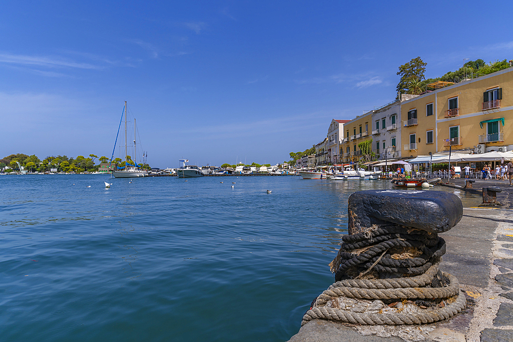 View of boats and restaurants in Porto d'Ischia (Port of Ischia), Island of Ischia, Campania, Italy, Europe