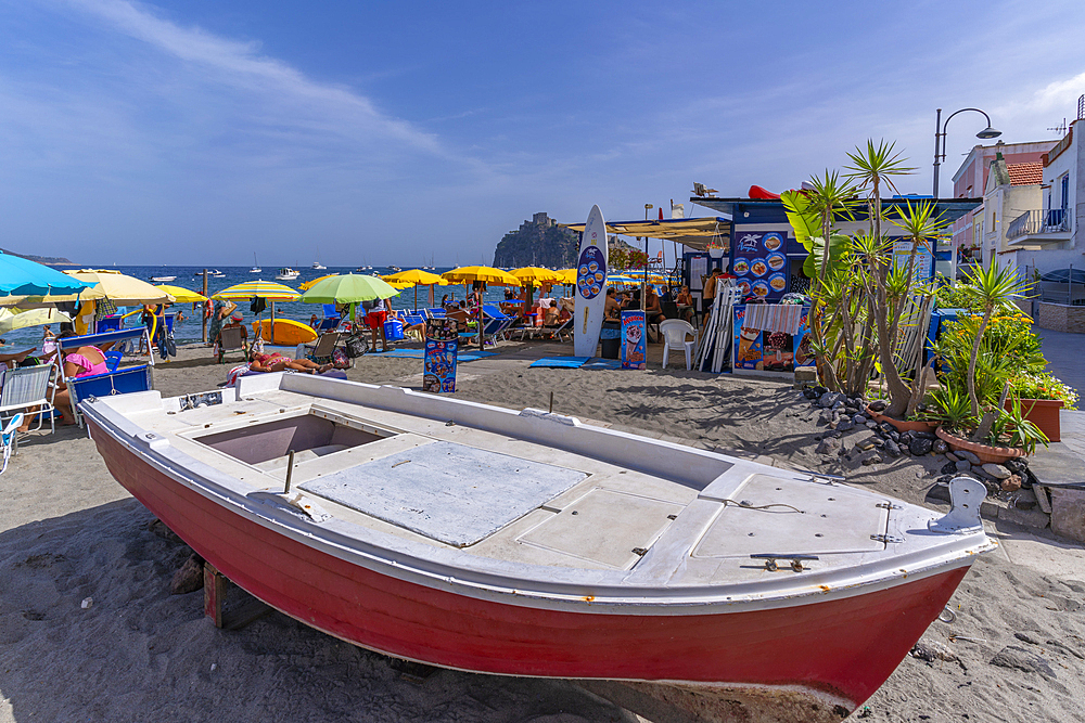 View of Miramare e Castello beach and Aragonese Castle in background, Port of Ischia, Island of Ischia, Campania, Italy, Europe