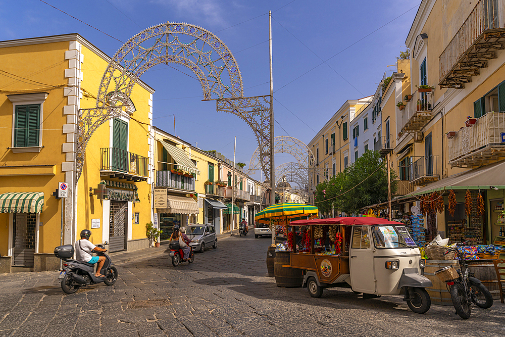 View of shops and buildings near Aragonese Castle, Port of Ischia, Island of Ischia, Campania, Italy, Europe