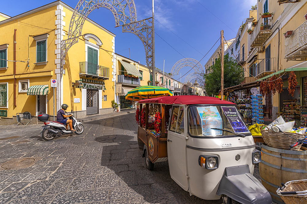 View of shops and buildings near Aragonese Castle, Port of Ischia, Island of Ischia, Campania, Italy, Europe