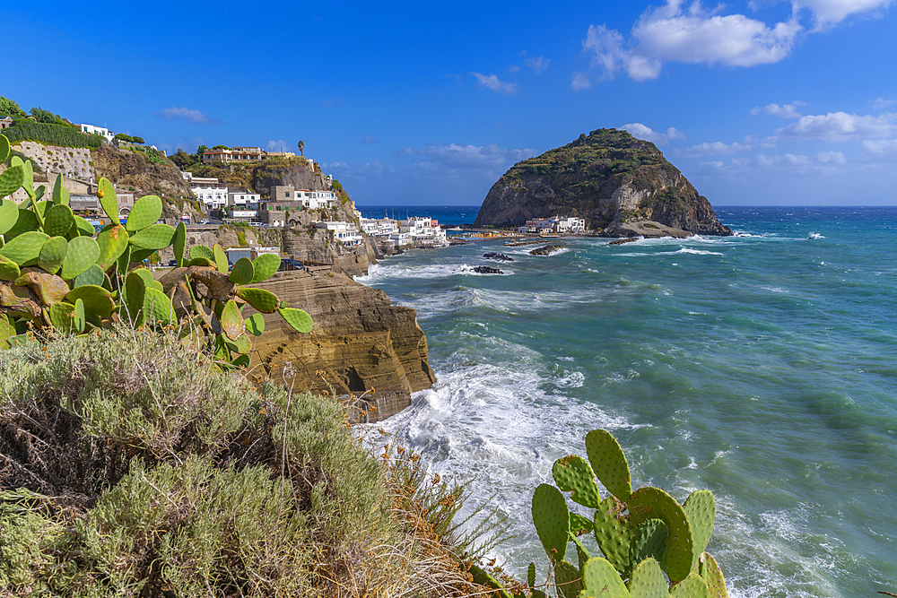 View of Torre di Sant'Angelo from elevated position in Sant'Angelo, Sant'Angelo, Island of Ischia, Campania, Italy, Europe