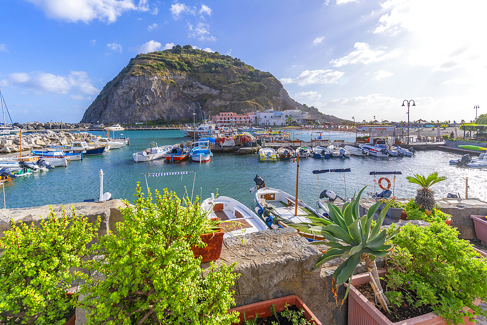 View of Torre di Sant'Angelo and boats in the port in Sant'Angelo, Sant'Angelo, Island of Ischia, Campania, Italy, Europe