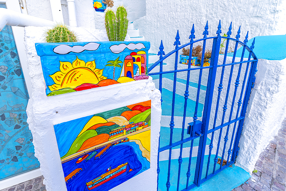 View of colourful artwork in the port in Sant'Angelo, Sant'Angelo, Island of Ischia, Campania, Italy, Europe