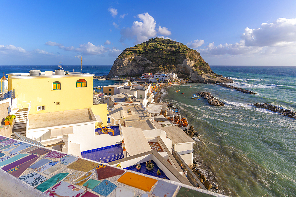 View of Torre di Sant'Angelo from elevated position in Sant'Angelo, Sant'Angelo, Island of Ischia, Campania, Italy, Europe