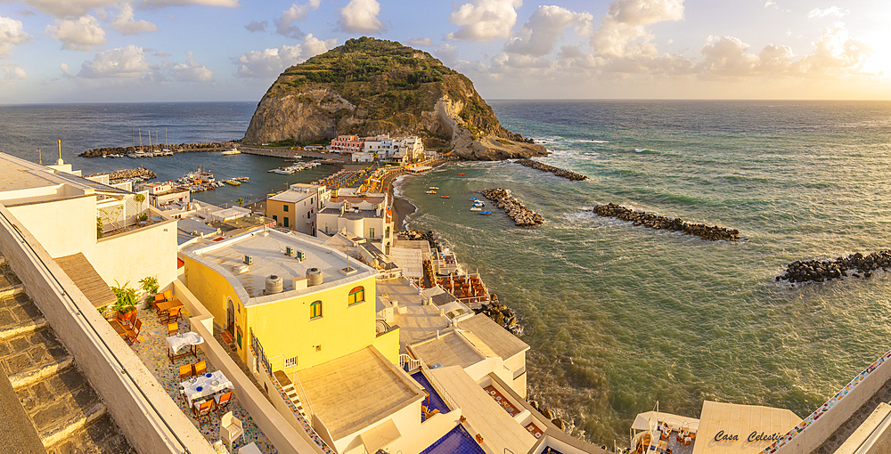 View of Torre di Sant'Angelo from elevated position in Sant'Angelo, Sant'Angelo, Island of Ischia, Campania, Italy, Europe