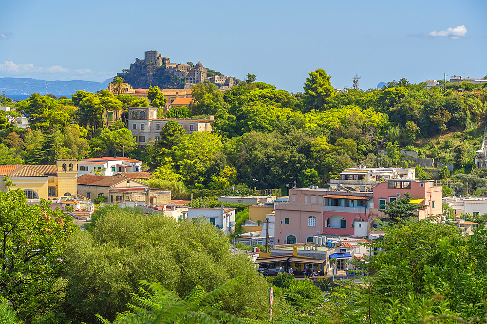 View of Castello Aragonese d'Ischia from Porto d'Ischia (Port of Ischia), Island of Ischia, Campania, Italy, Europe