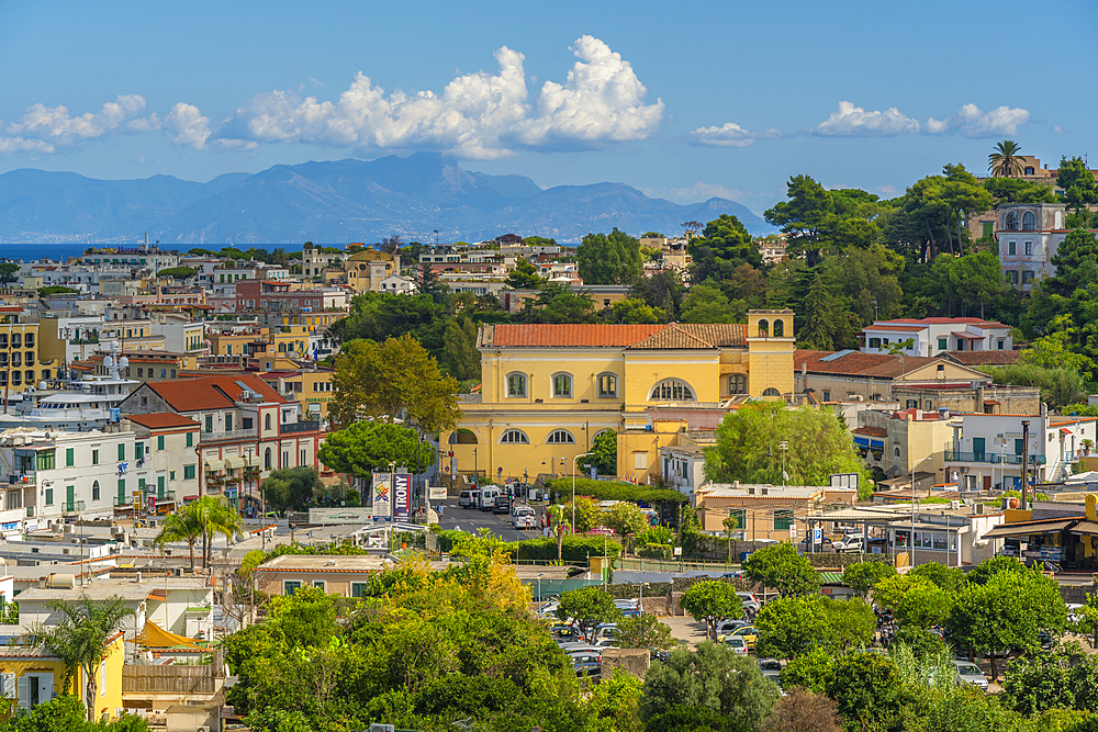 Elevated view of Chiesa di Santa Maria di Portosalvo and Porto d'Ischia (Port of Ischia), Island of Ischia, Campania, Italy, Europe