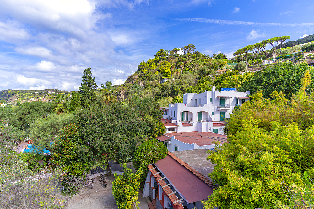 View of landscape of island interior near Giardini la Mortella, Forio, Island of Ischia, Campania, Italy, Europe