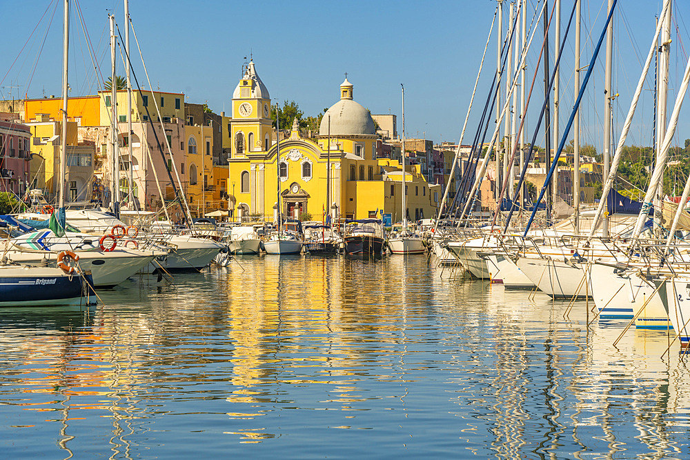 View of Church Madonna delle Grazie in the fishing port Marina Grande with boats, Procida, Phlegraean Islands, Gulf of Naples, Campania, Southern Italy, Italy, Europe