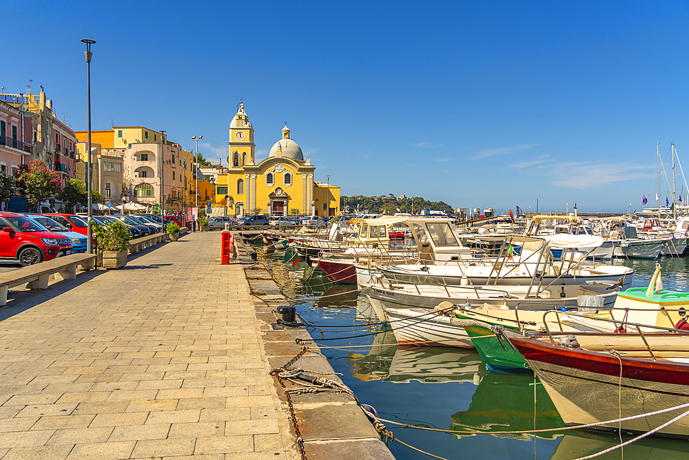 View of Church Madonna delle Grazie in the fishing port Marina Grande with boats, Procida, Phlegraean Islands, Gulf of Naples, Campania, Southern Italy, Italy, Europe