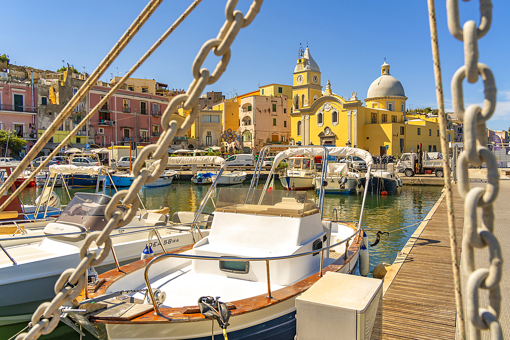 View of Church of Santa Maria della Pieta in the fishing port Marina Grande with boats, Procida, Phlegraean Islands, Gulf of Naples, Campania, Southern Italy, Italy, Europe