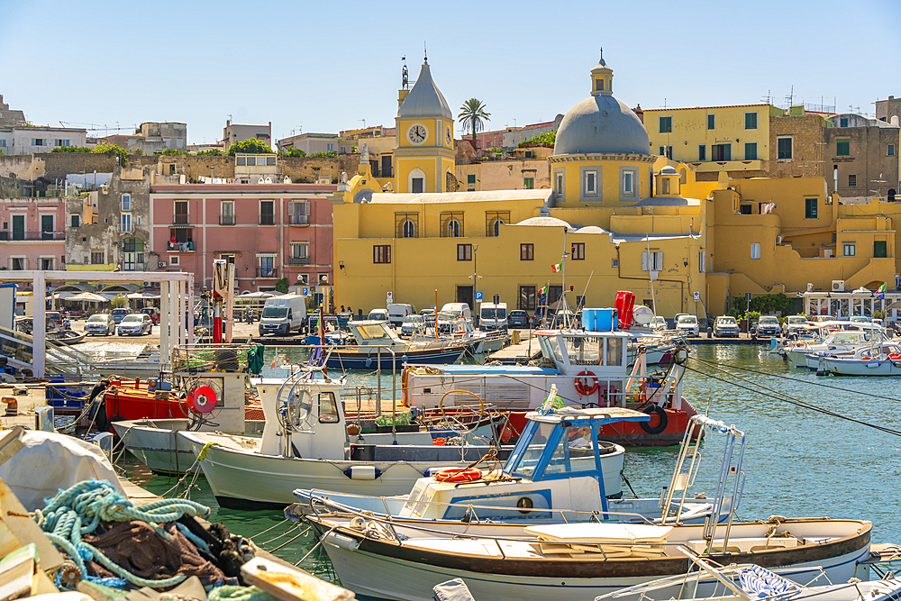 View of Church Madonna delle Grazie in the fishing port Marina Grande with boats, Procida, Phlegraean Islands, Gulf of Naples, Campania, Southern Italy, Italy, Europe