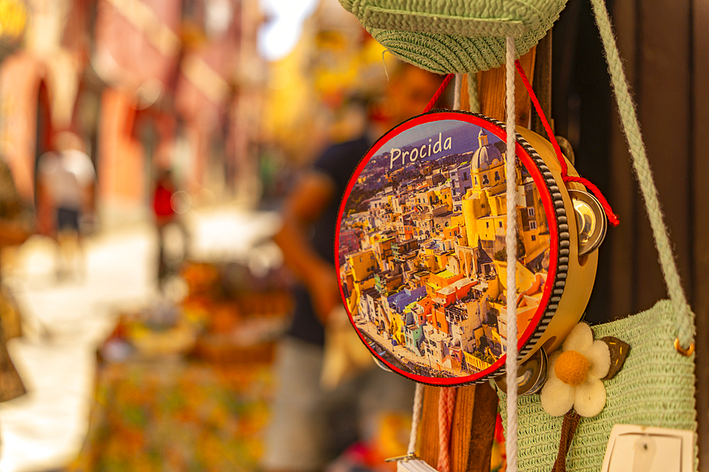 View of colourful souvenir in narrow backstreet in the fishing port, Procida, Phlegraean Islands, Gulf of Naples, Campania, Southern Italy, Italy, Europe