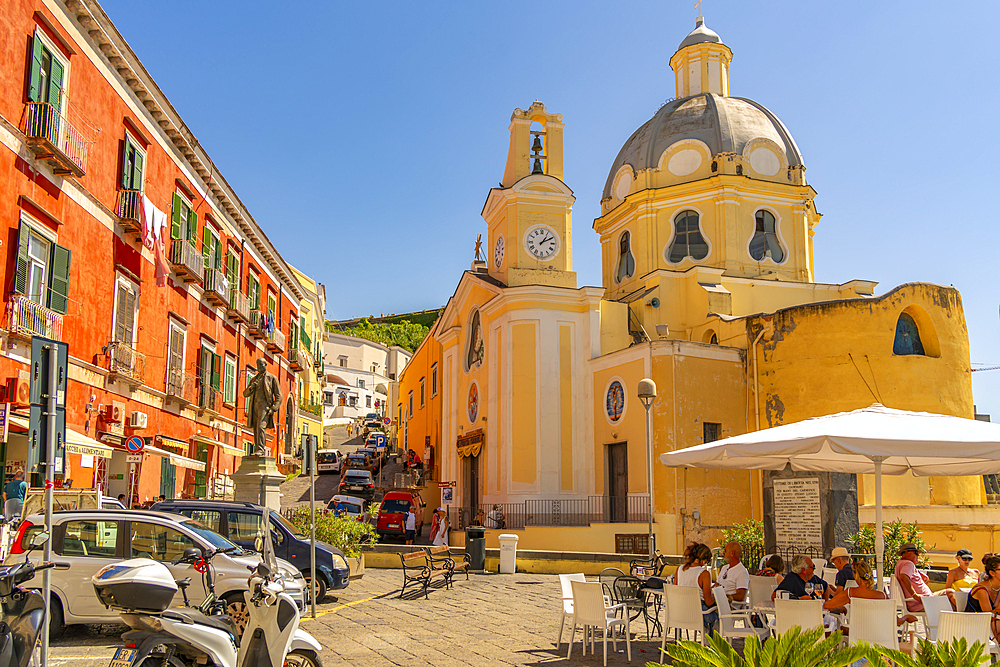 View of cafe and Church of Santa Maria delle Grazie, Procida, Phlegraean Islands, Gulf of Naples, Campania, Southern Italy, Italy, Europe