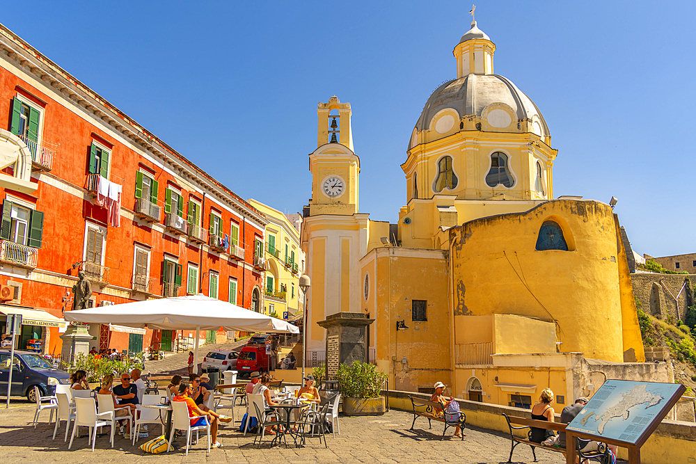 View of Marina di Corricella from Eglise Santa Maria delle Grazie, Procida, Phlegraean Islands, Gulf of Naples, Campania, Southern Italy, Italy, Europe