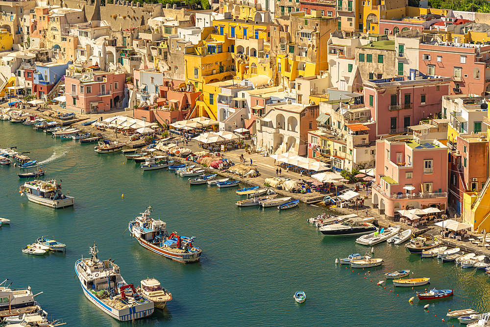 View of Marina di Corricella from Eglise Santa Maria delle Grazie, Procida, Phlegraean Islands, Gulf of Naples, Campania, Southern Italy, Italy, Europe