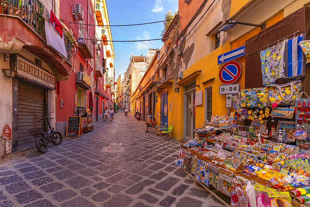 View of shop in narrow street in Procida, Procida, Phlegraean Islands, Gulf of Naples, Campania, Southern Italy, Italy, Europe