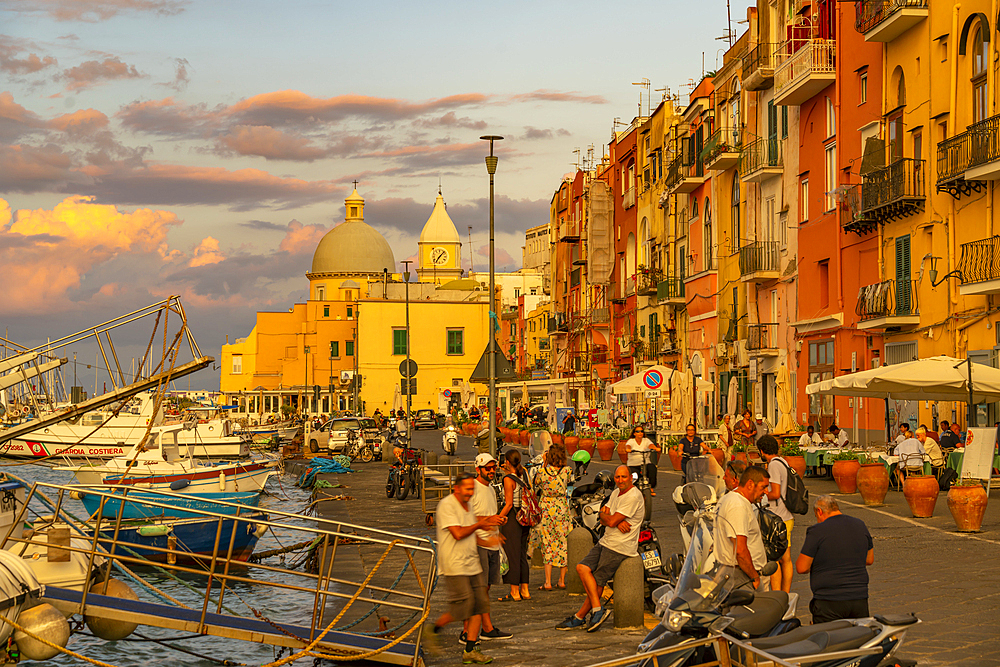 View of Church of Santa Maria della Pieta in the fishing port Marina Grande with boats at golden hour, Procida, Phlegraean Islands, Gulf of Naples, Campania, Southern Italy, Italy, Europe