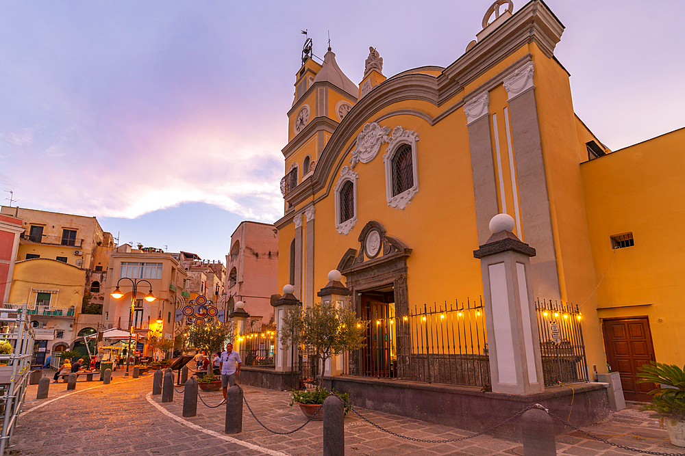 View of Church Madonna delle Grazie at dusk, Procida, Phlegraean Islands, Gulf of Naples, Campania, Southern Italy, Italy, Europe