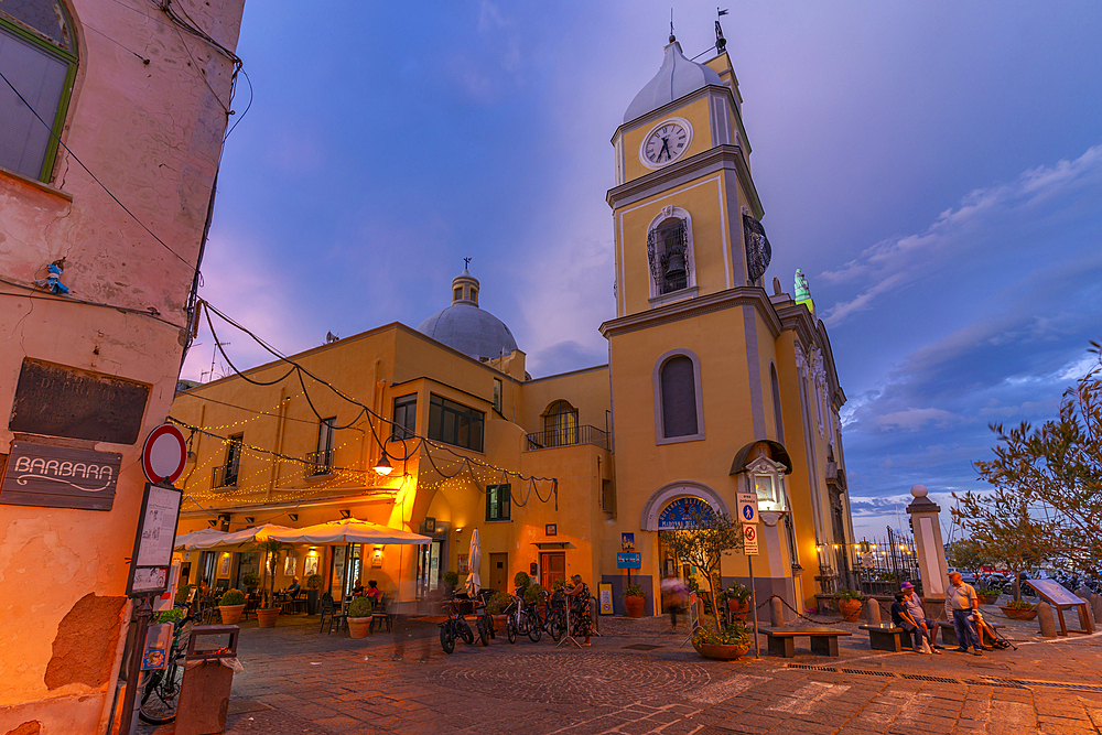 View of Church of Santa Maria della Pieta at dusk, Procida, Phlegraean Islands, Gulf of Naples, Campania, Southern Italy, Italy, Europe