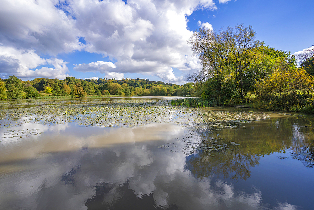 View of dramatic clouds refecting in Hardwick Ponds, Hardwick Park, Hardwick Hall, Bolsover, Derbyshire, England, United Kingdom, Europe