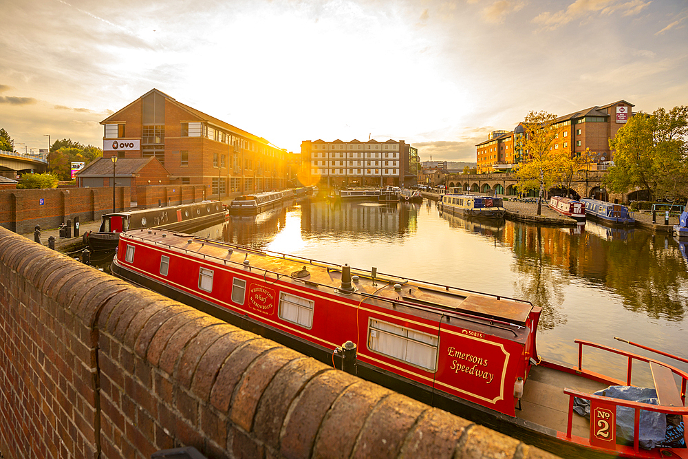 View of canal boats at Victoria Quays at sunset, Sheffield, South Yorkshire, England, United Kingdom, Europe