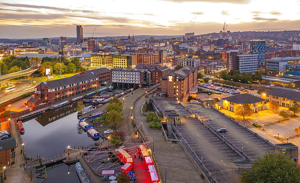 Aerial view of Victoria Quays and Sheffield city skyline at dusk, Sheffield, South Yorkshire, England, United Kingdom, Europe