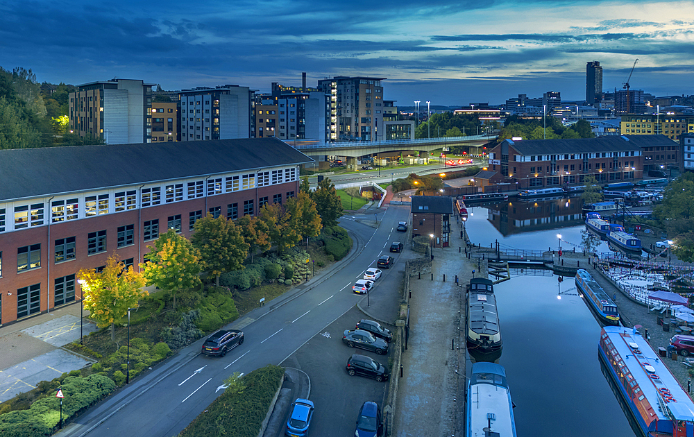 Aerial view of Victoria Quays and Sheffield city skyline at dusk, Sheffield, South Yorkshire, England, United Kingdom, Europe